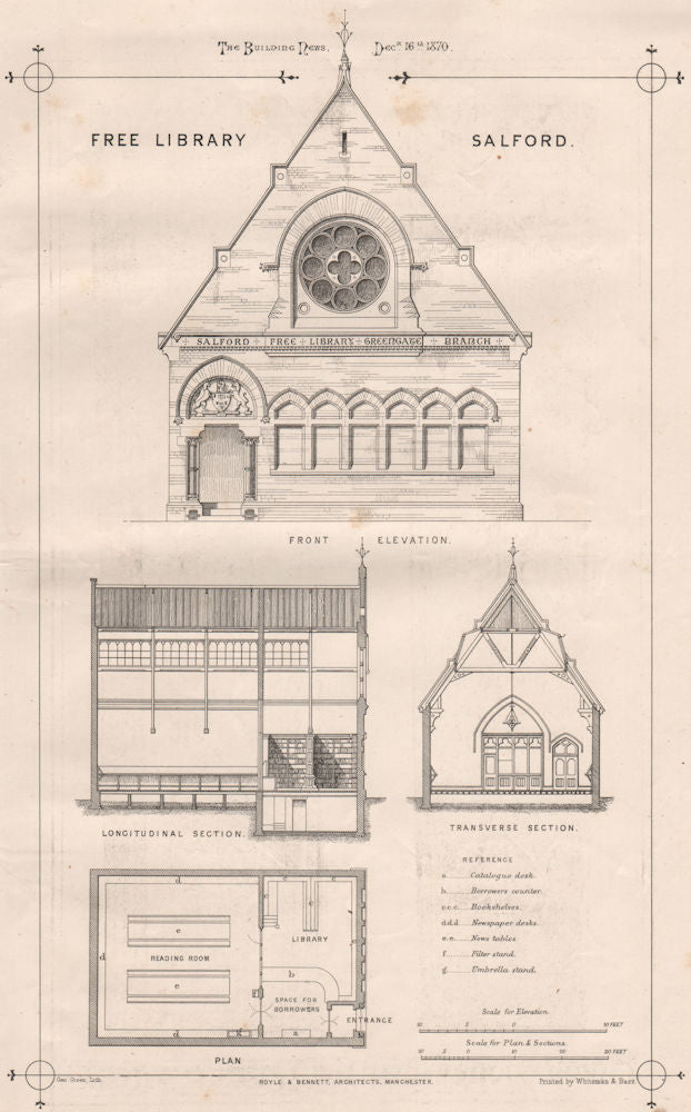 Free Library, Salford; Royle & Bennett, Architects, Manchester 1870 old print
